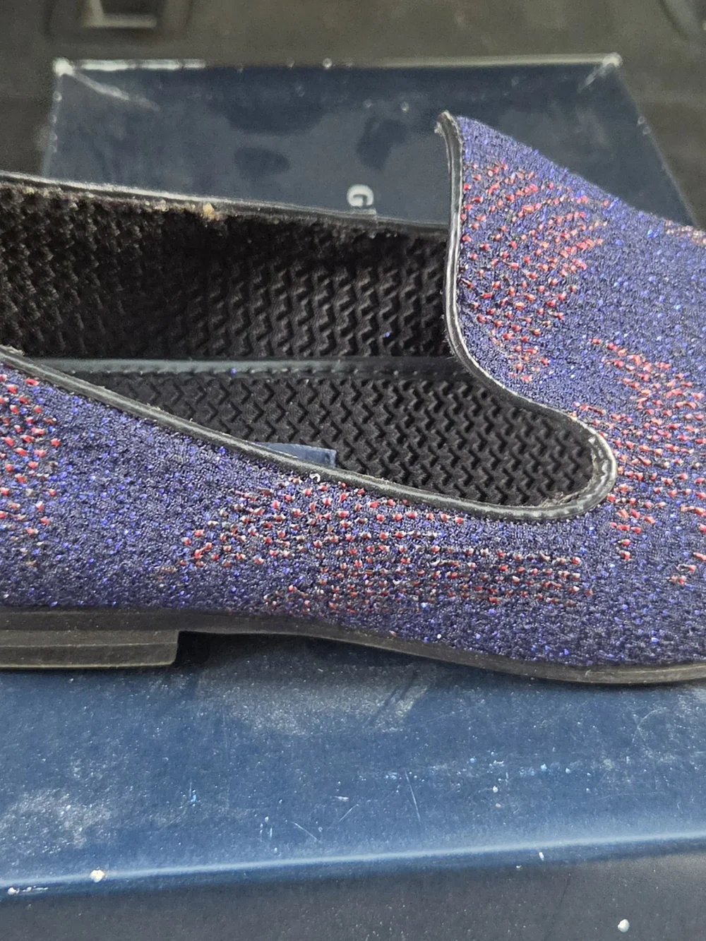 Giorgio Brutini Navy Glitter Slip-On Loafers with Red Sparkle